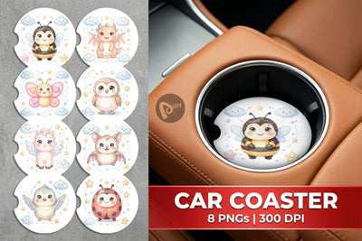 Car Coaster Tiny Winged Baby Animal Watercolor Sublimation artnoy 