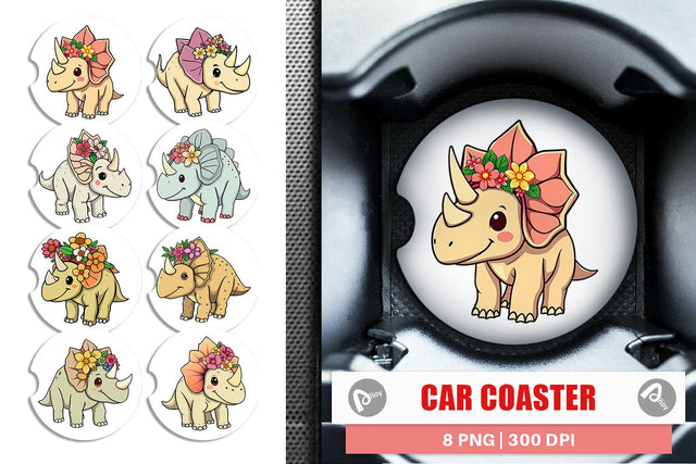 Car Coaster Triceratops with Flowers Sublimation artnoy 