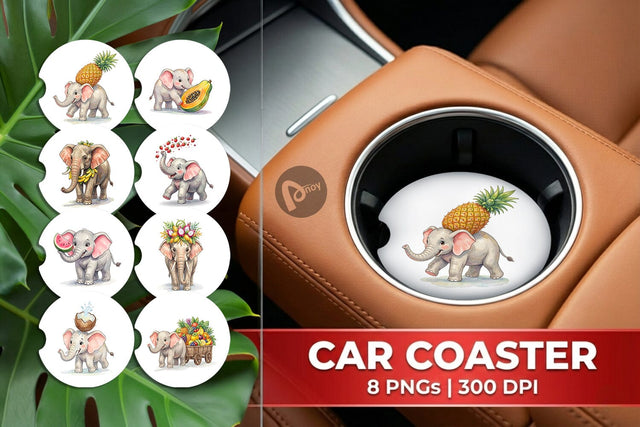 Car Coaster Tropical Fruit Elephant Watercolor Sublimation artnoy 