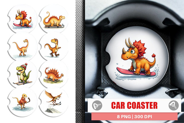 Car Coaster UglyCute Dinosaur Winter Sports Watercolor Art Sublimation artnoy 