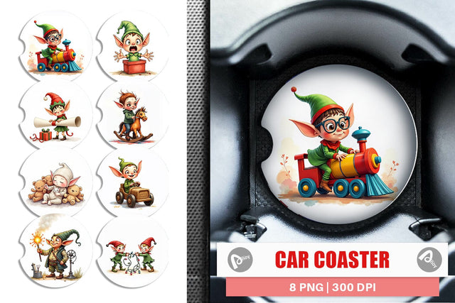 Car Coaster UglyCute Elf Workshop Antics Watercolor Sublimation artnoy 