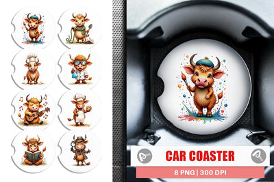 Car Coaster UglyCute Highland Cow Occupations Quirky Jobs & Hobbies Sublimation artnoy 