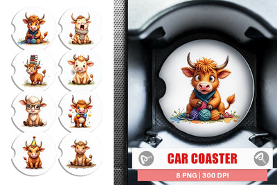 Car Coaster UglyCute Highland Cow Watercolor Quirky Farm Friends Sublimation artnoy 
