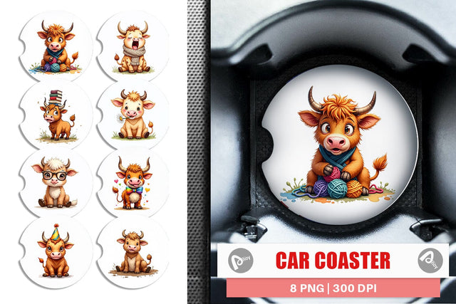 Car Coaster UglyCute Highland Cow Watercolor Quirky Farm Friends Sublimation artnoy 