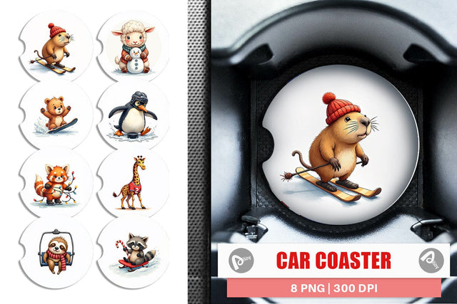 Car Coaster UglyCute Winter Sports Animals Watercolor Sublimation artnoy 
