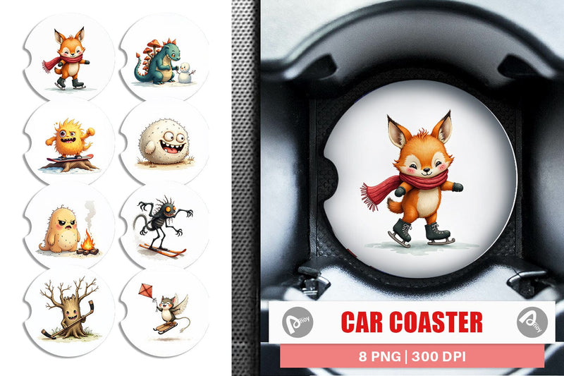 Car Coaster UglyCute Woodland Monsters Winter Sports Sublimation artnoy 