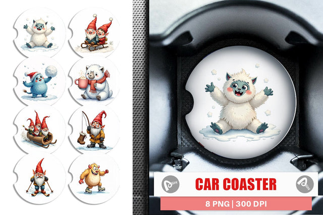Car Coaster UglyCute Yeti & Gnome Winter Games Sublimation artnoy 