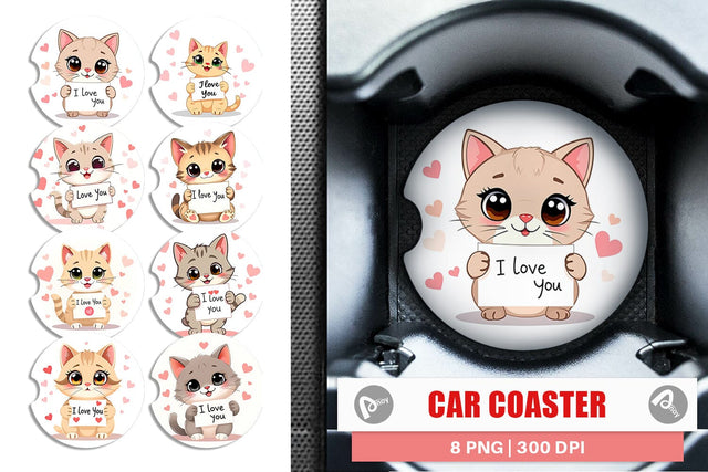Car Coaster Valentine Cat Cartoon Sublimation artnoy 