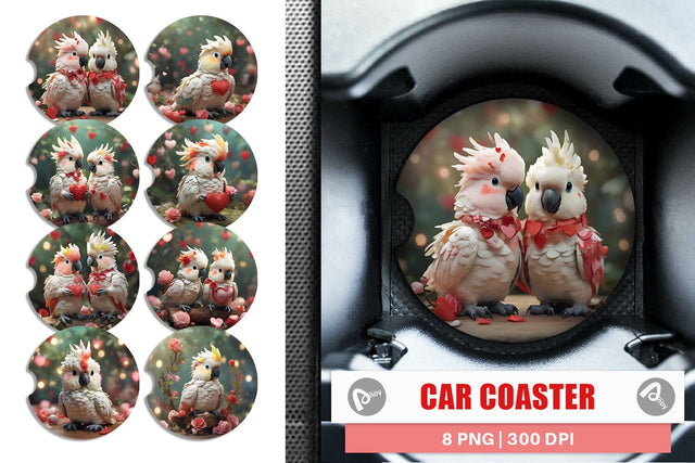 Car Coaster Valentine Cockatoo Bird Sublimation artnoy 