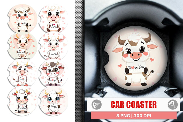 Car Coaster Valentine Cow Cartoon Sublimation artnoy 