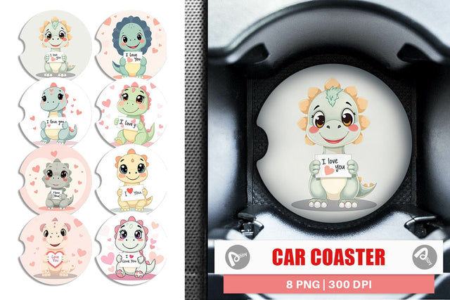 Car Coaster Valentine Dinosaur Cartoon Sublimation artnoy 