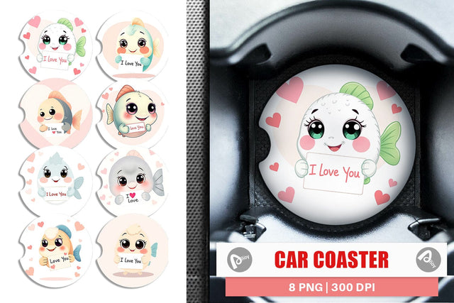 Car Coaster Valentine Fish Cartoon Sublimation artnoy 