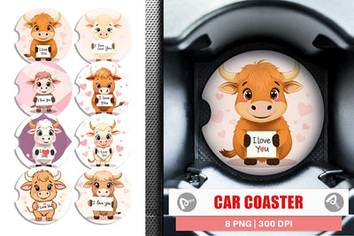 Car Coaster Valentine Highland Cow Cartoon Sublimation artnoy 