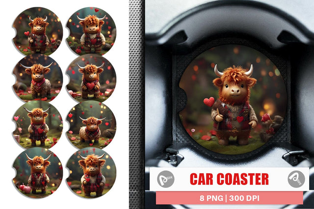 Car Coaster Valentine Highland Cow Sublimation artnoy 