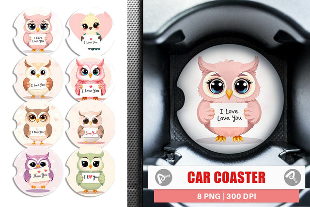 Car Coaster Valentine Owl Cartoon Sublimation artnoy 