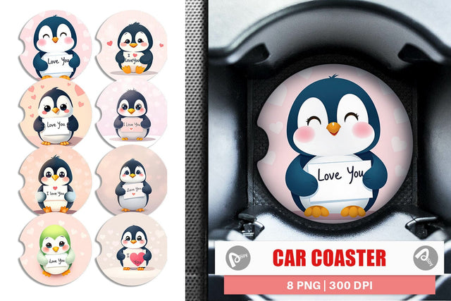 Car Coaster Valentine Penguin Cartoon Sublimation artnoy 