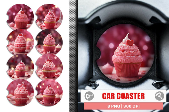 Car Coaster Valentine pink cupcake Sublimation artnoy 