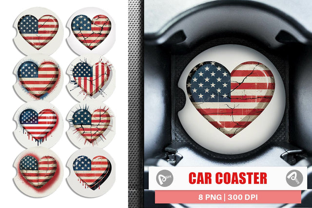 Car Coaster Vintage American Flag Heart Sublimation artnoy 