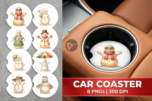 Car Coaster Vintage Beach Sand Snowman Watercolor Sublimation artnoy 