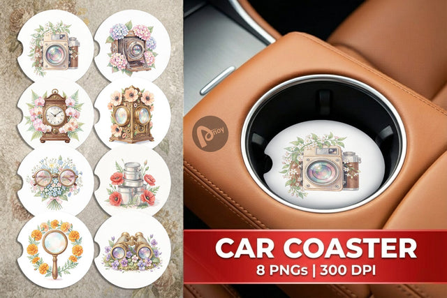 Car Coaster Vintage Camera And Floral Watercolor Sublimation artnoy 