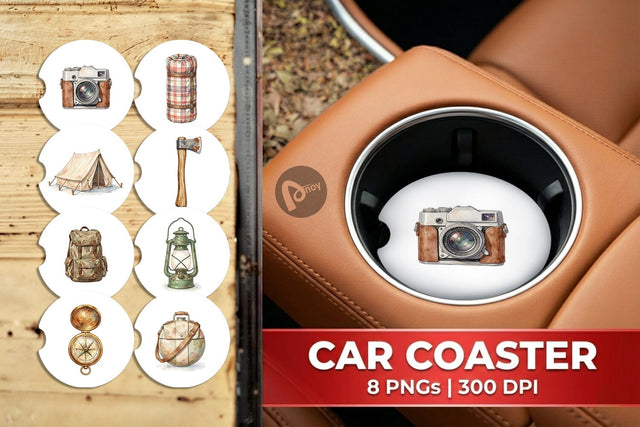 Car Coaster Vintage Camp Gear Watercolor Sublimation artnoy 