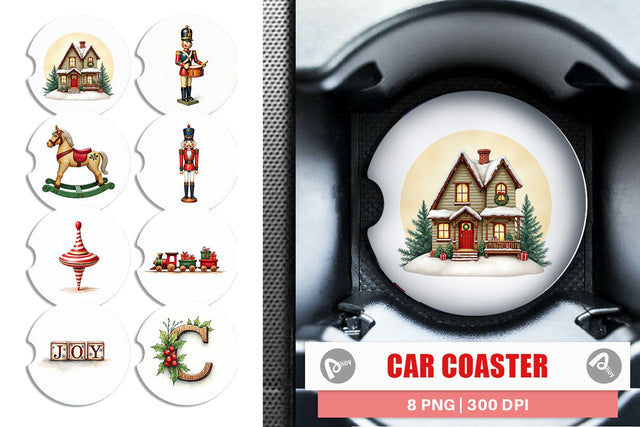 Car Coaster Vintage Christmas Wooden Toys Watercolor Sublimation artnoy 