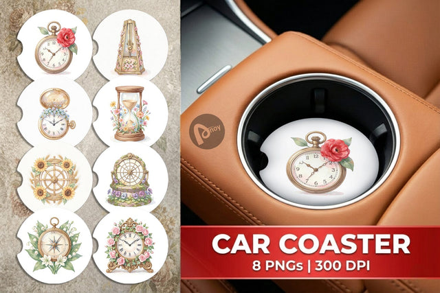 Car Coaster Vintage Clock And Floral Watercolor Sublimation artnoy 