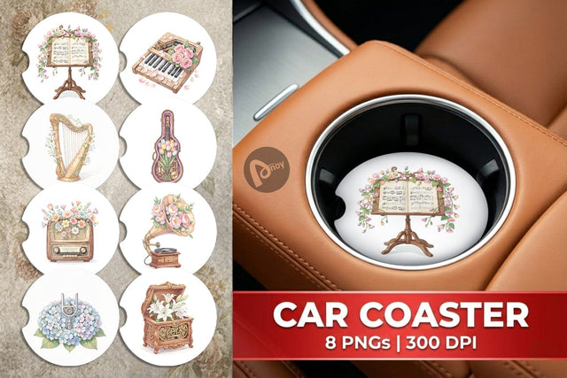 Car Coaster Vintage Music And Floral Watercolor Sublimation artnoy 