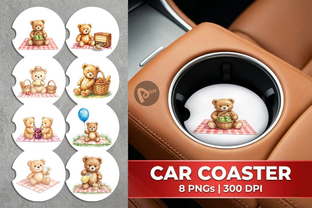 Car Coaster Vintage Teddy Bear Picnic Watercolor Sublimation artnoy 