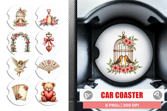 Car Coaster Vintage Valentine Ephemera Watercolor Sublimation artnoy 