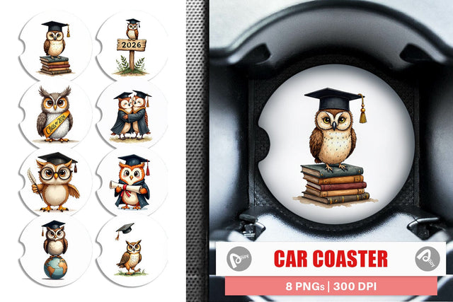 Car Coaster Vintage Watercolor Graduation Owls Sublimation artnoy 