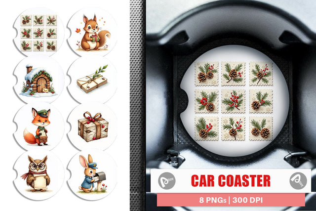 Car Coaster Vintage Woodland Christmas Post Office Watercolor Sublimation artnoy 