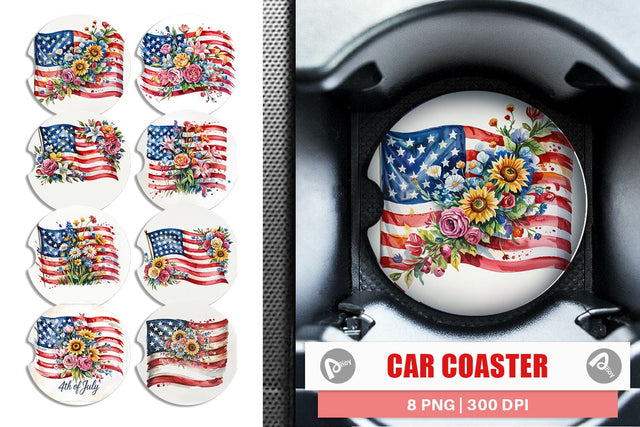 Car Coaster Watercolor American Flag Floral Sublimation artnoy 