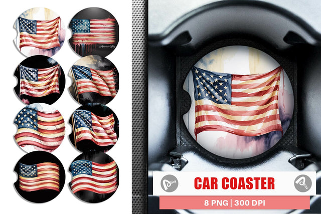 Car Coaster Watercolor American Flag Sublimation artnoy 