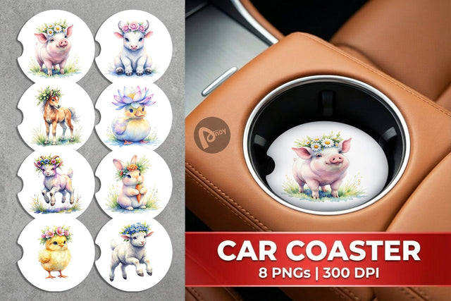 Car Coaster Watercolor Baby Farm Animal Nursery Art Sublimation artnoy 