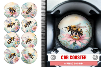 Car Coaster Watercolor Bee Flowers Sublimation artnoy 