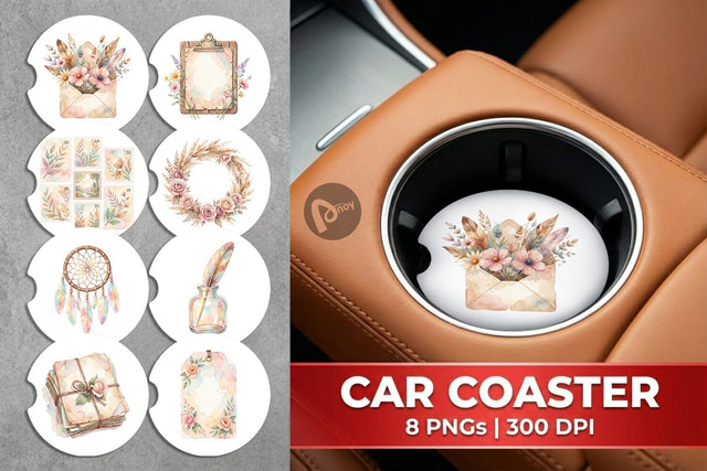 Car Coaster Watercolor Boho Floral Junk Journal Art Sublimation artnoy 