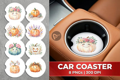 Car Coaster Watercolor Boho Floral Smiling Pumpkin Sublimation artnoy 
