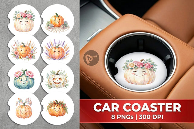 Car Coaster Watercolor Boho Floral Smiling Pumpkin Sublimation artnoy 
