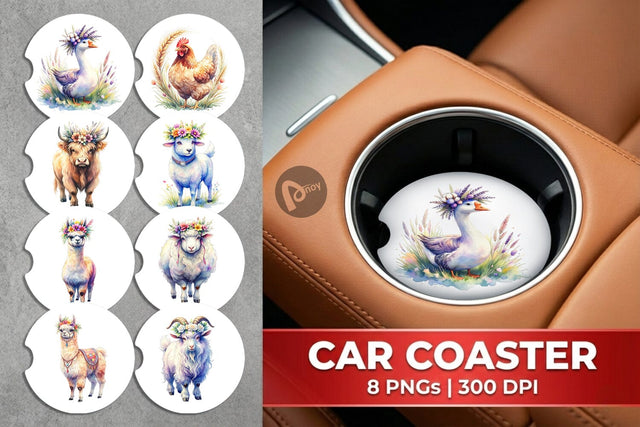 Car Coaster Watercolor Boho Highland Cow And Friends Sublimation artnoy 