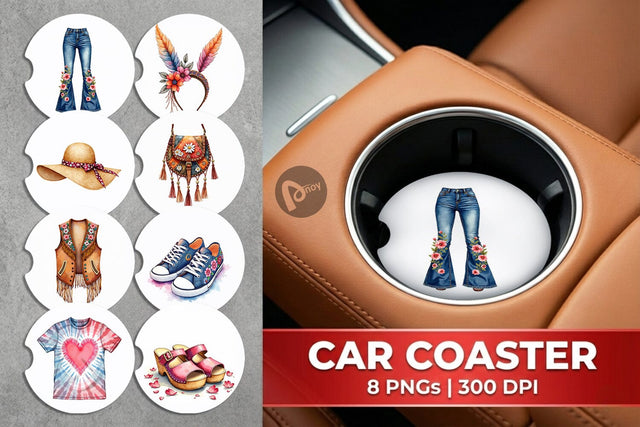 Car Coaster Watercolor Boho Spring Fashion 70s Accessories & Attire Sublimation artnoy 