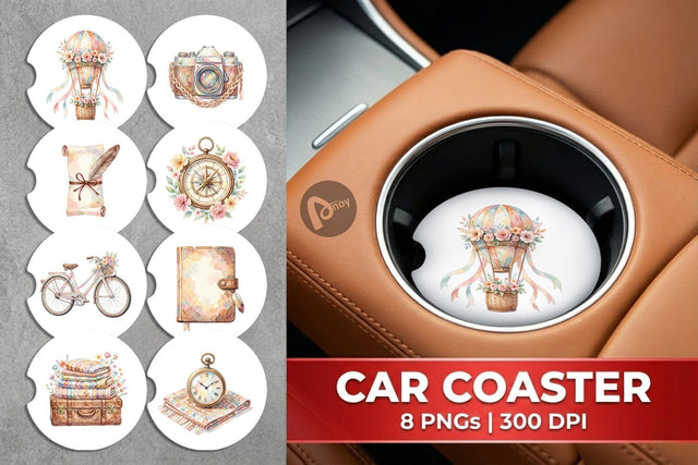 Car Coaster Watercolor Boho Vintage Travel Ephemera Sublimation artnoy 