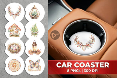 Car Coaster Watercolor Boho Woodland Nature Ephemera Sublimation artnoy 