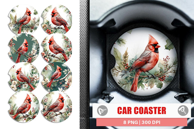 Car Coaster Watercolor Cardinal Bird Sublimation artnoy 