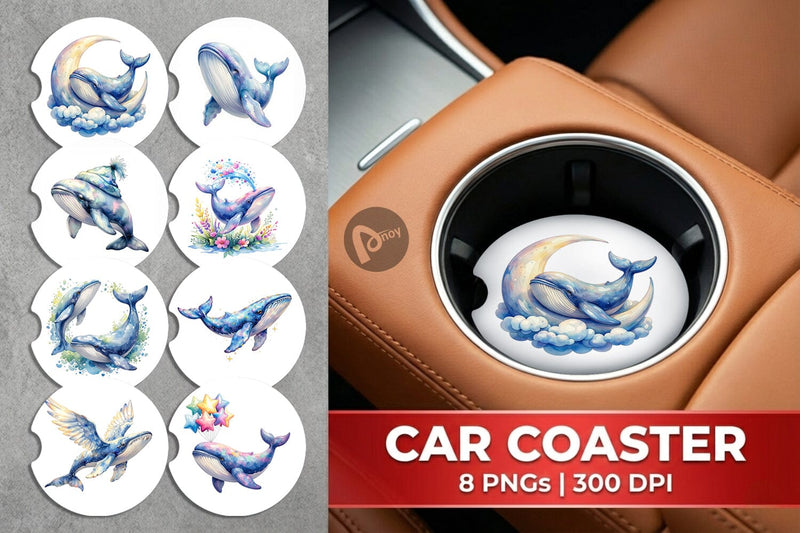 Car Coaster Watercolor Celestial Whale Moon Star Sublimation artnoy 