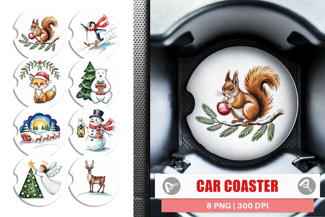 Car Coaster Watercolor Christmas Animal Sublimation artnoy 