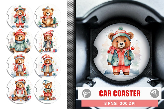 Car Coaster Watercolor Christmas Bear Sublimation artnoy 