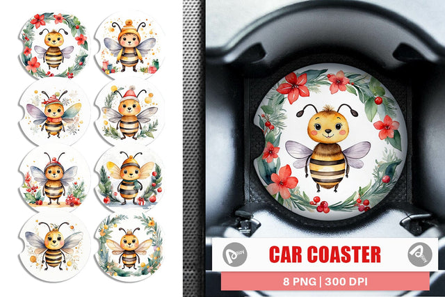 Car Coaster Watercolor Christmas Bee Sublimation artnoy 