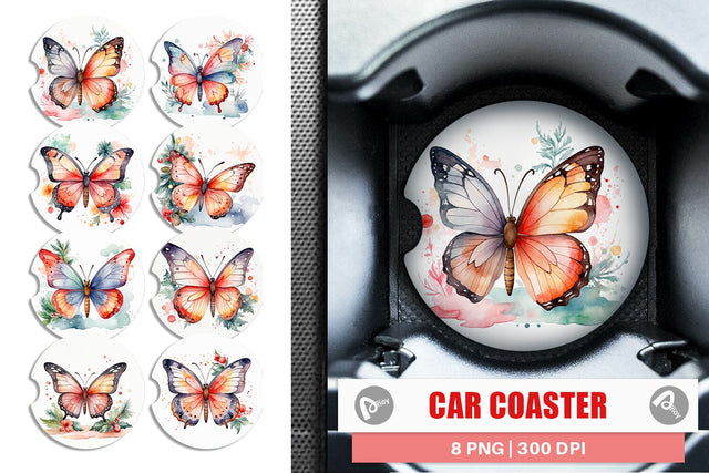 Car Coaster Watercolor Christmas Butterfly Sublimation artnoy 