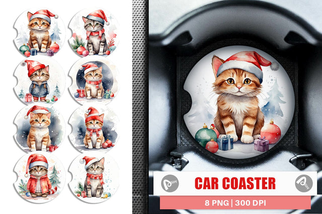 Car Coaster Watercolor Christmas Cat Sublimation artnoy 